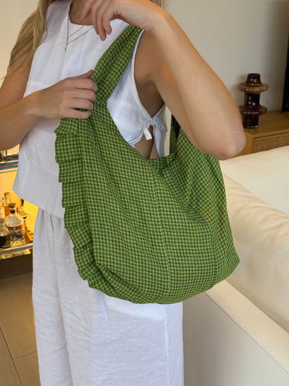 Frilly Patchwork Tote Bag in Green Gingham