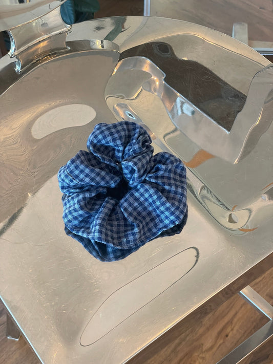 Blue Gingham Linen Scrunchie