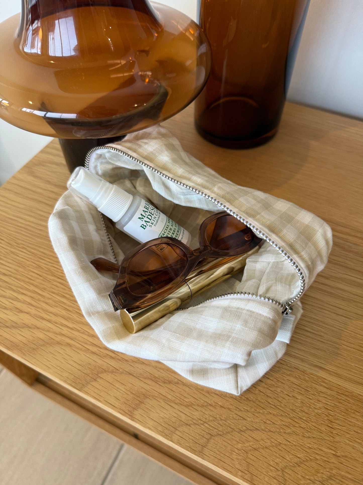 Beige Gingham Cosmetic Bag
