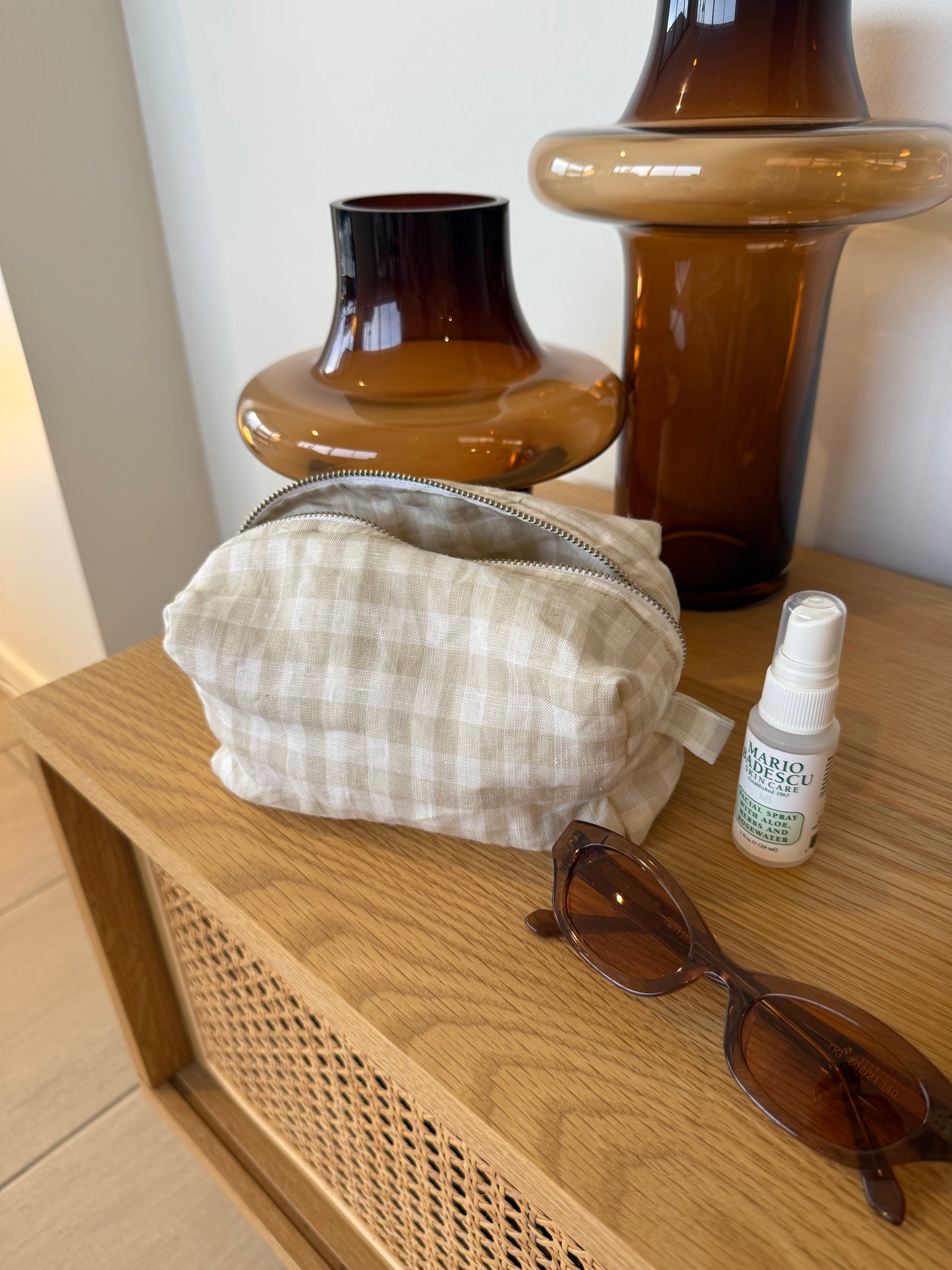 Beige Gingham Cosmetic Bag
