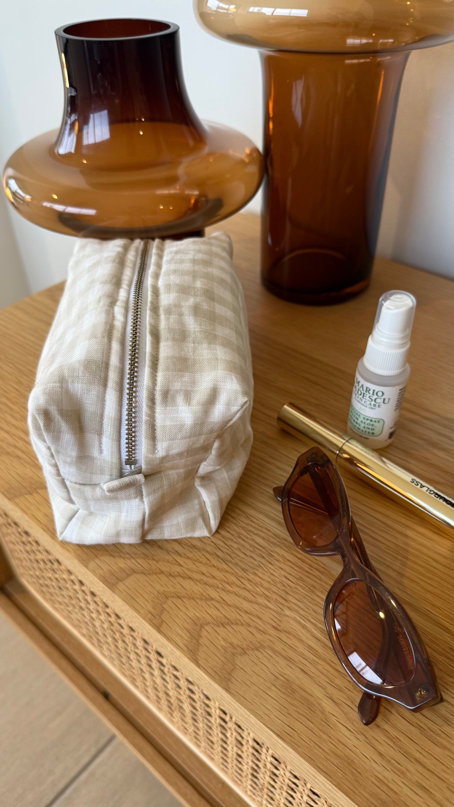 Beige Gingham Cosmetic Bag