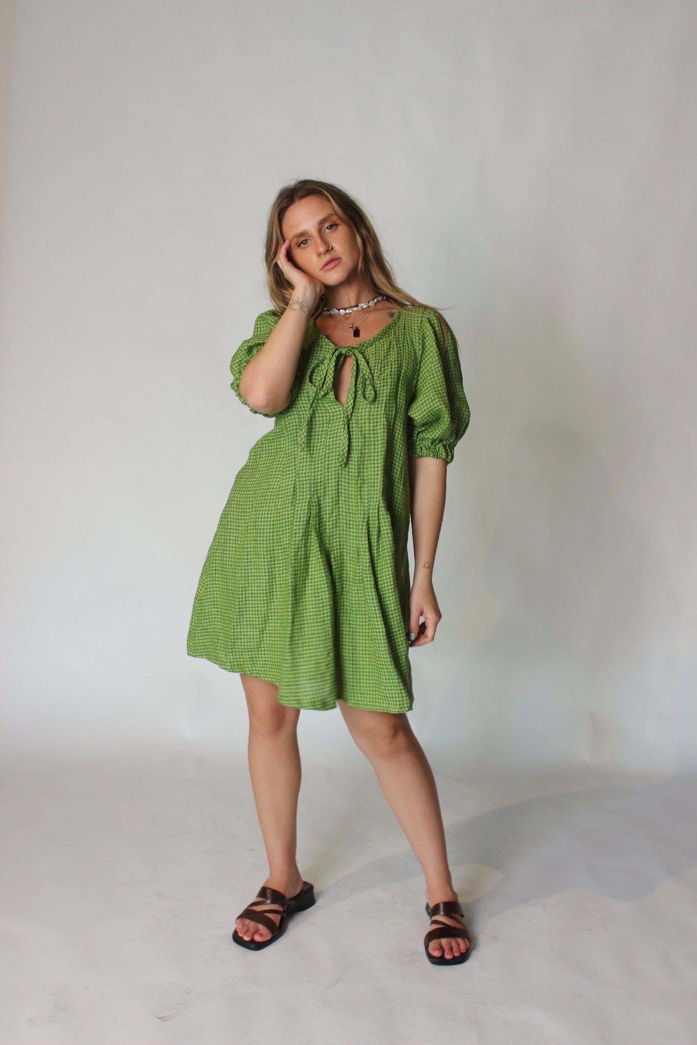 Palma Mini Dress in Green Gingham