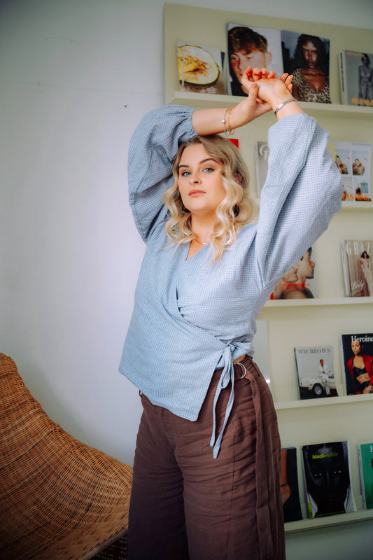 Charlie Wrap Top in Baby Blue Check