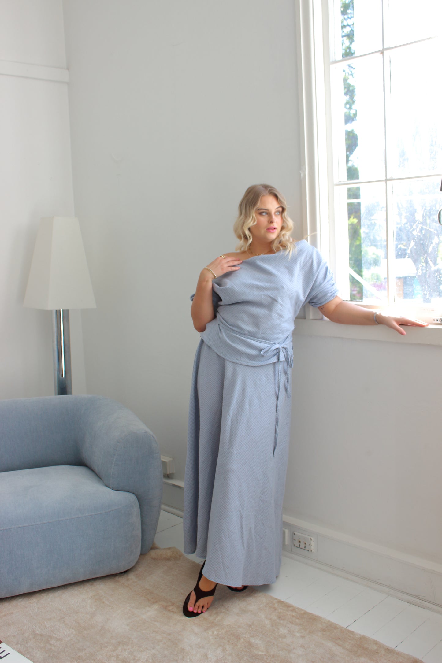 Alice Bias Cut Skirt in Baby Blue Check