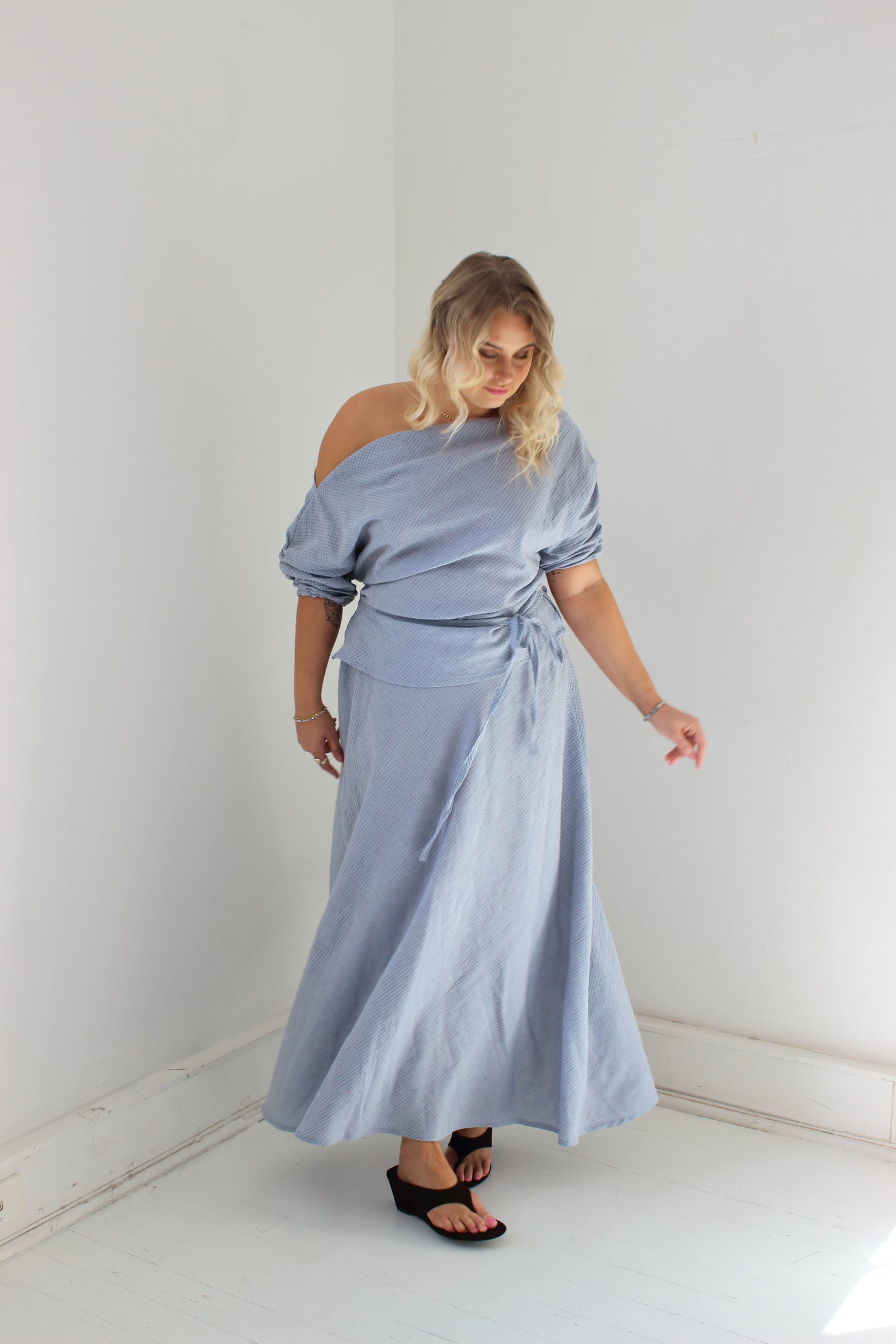 Alice Bias Cut Skirt in Baby Blue Check