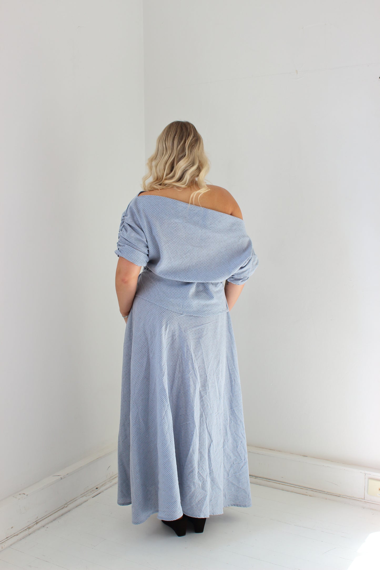 Alice Bias Cut Skirt in Baby Blue Check