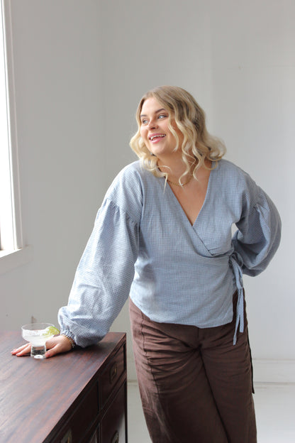 Charlie Wrap Top in Baby Blue Check