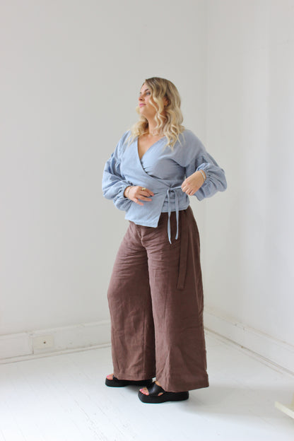 Charlie Wrap Top in Baby Blue Check